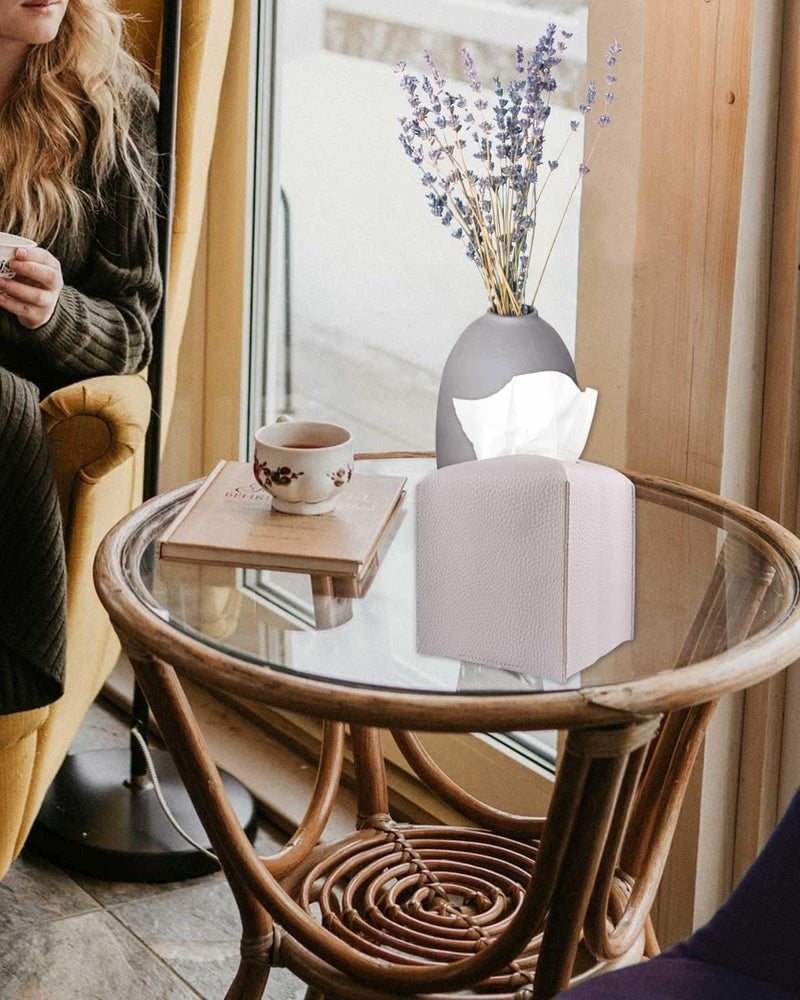 JESMINI Light Purple Tissue Box Cover Square – with Bottom Belt [] Modern PU Leather Tissue Box Holder Decorative for Bathroom Vanity Countertop/Night Stands/Office Desk, 5x5x5 - Image 4